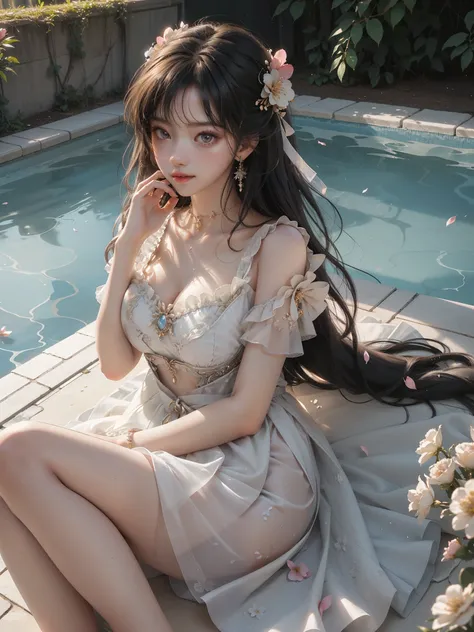 （(girl lying in the swimming pool))、she gently lifted her skirt with one hand，make gentle and playful gestures，((lots of flowers...