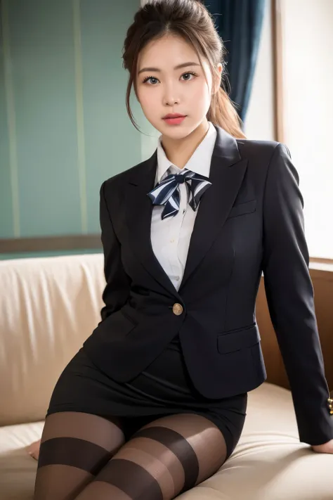 (((masterpiece))), (((最high quality: 1.4))), ((Super detailed: 1.4)) ,上品なエリート女性がphotographのポーズをとる, Sitting on the sofa with legs crossed、Wearing a suit, Wearing a strict business suit, (Ultra-realistic pantyhose:1.3)、Pencil skirt and pantyhose、 Wearing a s...