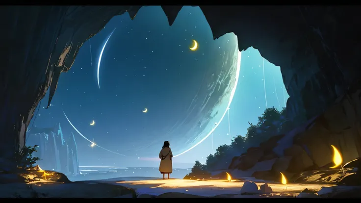 The crescent moon shines in the dark night sky, visible from inside the cave, With the gentle light of fireflies. The scenes are depicted in a soft manner., Create a calm and dreamy atmosphere with pastel colors.. The silhouette of the cave entrance frames...