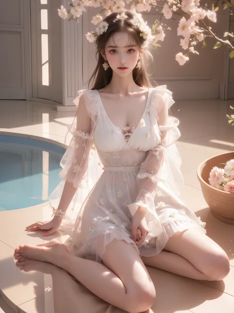 dress, bouffont dress, transparent long sleeves, daisies, cherry,（(Girl lying in the swimming pool))、She gently lifted her skirt with one hand，Make gentle and playful gestures，((Lots of flowers瓣)), Lots of flowers，Many petals scattered，Cherry tree，Petals a...