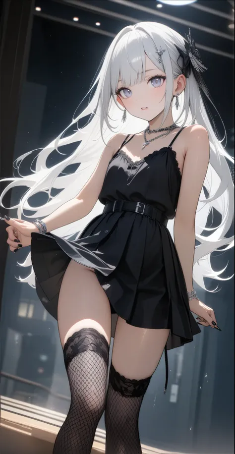 one,((Black camisole、Black Mini Skirt、Black fishnet stockings、Silver Accessories、Silver Necklace、Silver earrings、hair ornaments、Black nail polish、Black sneakers))、(The setting is that she wears thongs)、(White hair color、Silver inner color hairstyle), Beaut...