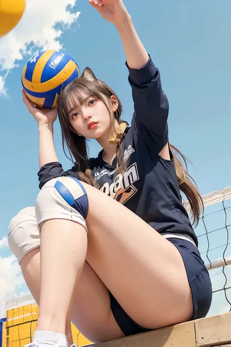 Masterpiece, 4K, bokeh, (volleyball Player:1.5), (Bright Blonde hair:1.5), (ponytail:1.2),(Blushed face:1.3), (Plump breast:1.2), (Sitting in street:1.2), (Cat ears:1.3),(From below:1.6),(Sundown :1.2), (Orange beautiful sky and clouds:1.2)