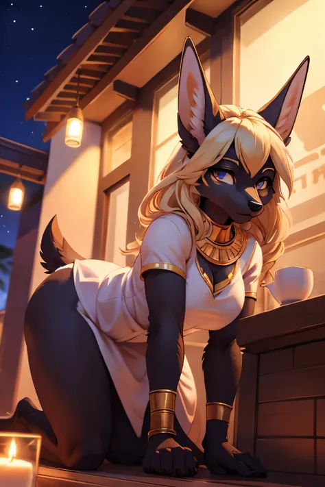 a anthro jackal, female, full body, blond hair, servant of the god Anubis, white robes,no panties, pussy, waitress, downward dog pose,all fours position, three quarter view from behind,night time, masterpiece, best quality, highres, high resolution, perfec...