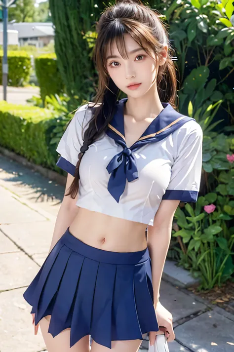 (Ultra HD), (Looking at me), (The whole body is shown), (Short-sleeved sailor uniform, Navy blue low-rise mini skirt), (Big Breasts:1.2), Super beautiful breasts, slender, Narrow waist, (Thin legs:1.2), (Thin thighs:1.2), (Thin Hips:1.4), (Beautiful Skin, ...