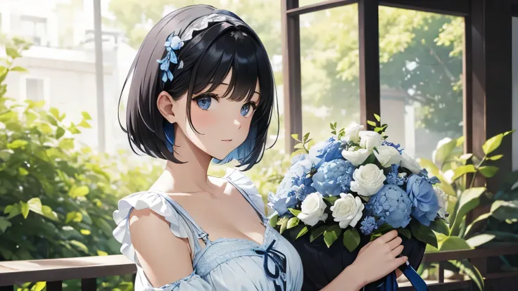 A beautiful woman wearing a pale blue and white pannier dress with lots of frills and lace.　Black short bob hair with hair ornament　Upper Body