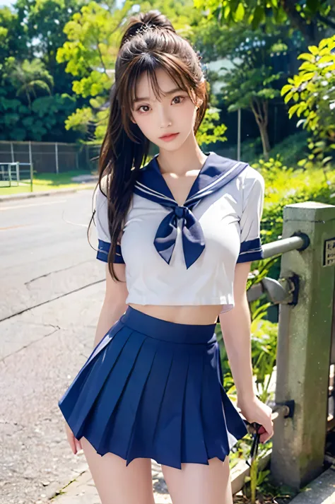(Ultra HD), (Looking at me), (The whole body is shown), (Short-sleeved sailor uniform, Navy blue low-rise mini skirt), (Big Breasts:1.2), Super beautiful breasts, slender, Narrow waist, (Thin legs:1.2), (Thin thighs:1.2), (Thin Hips:1.4), (Beautiful Skin, ...