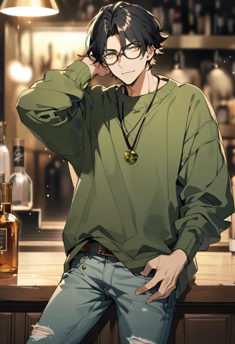 A man, black hair, glasses, golden eyes, green sweatshirt, jeans 