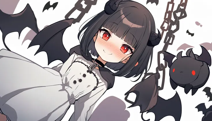 _XL_PStyles, 1 chibi girl, 
head on black sheep horns, bat_wings, demon tail, , small breasts, bob cut, blunt bangs, black hair, red eyes, black sclera, embarrassed nose blush smile, hime-sode, white dress_shirt, darkred short_dress gothic, black capelet, ...