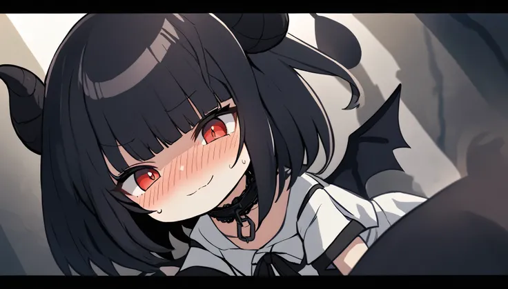 _XL_PStyles, 1 chibi girl, 
head on black sheep horns, bat_wings, demon tail, , small breasts, bob cut, blunt bangs, black hair, red eyes, black sclera, embarrassed nose blush smile, hime-sode, white dress_shirt, darkred short_dress gothic, black capelet, ...