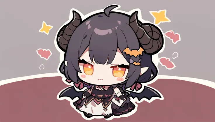 Chibi Doll（Black sheep horns、There is a hair ornament on the corner、Bat Wings、Devil&#39;s Tail、Embarrassed blushing smile、Double teeth、Himesode、Red, white, and black clothing、Shorts、Legs style、Chain Choker、Cute Shoes、Turn around、wave hands）