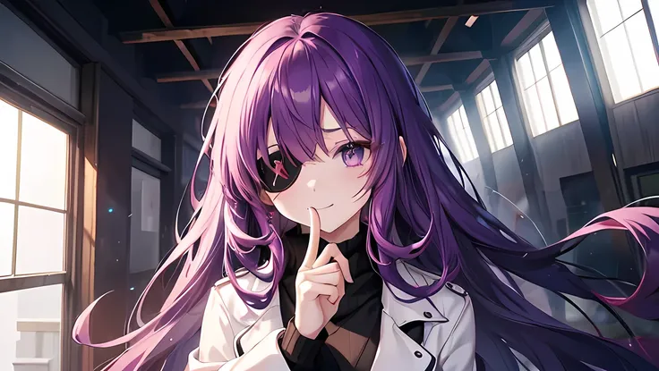 One Woman、Purple long hair、Right eye is red、Slanted Eyes、A black eyepatch covering the left eye、White trench coat、smile、Place your right index finger over your mouth、indoor、Bright lighting、anime、uhd