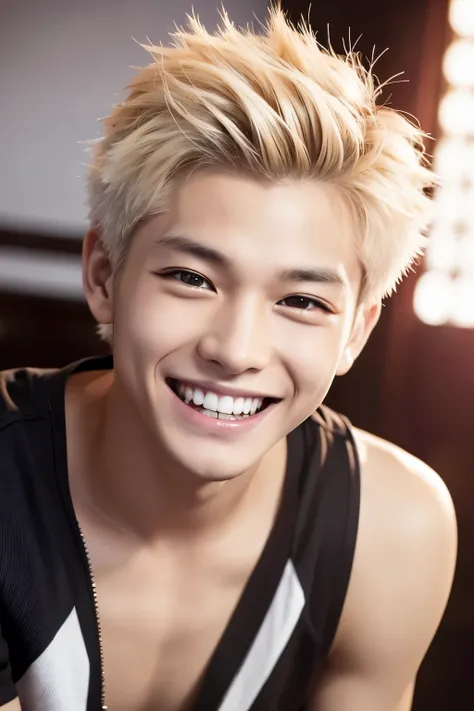 mahjong,Blonde, Spiky Hair, Wolf Cut, tooth, Smiling with teeth showing, Slanted Eyes, White eyeball, evil, Cut-in, male,