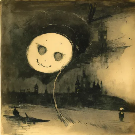 Sketch of a smiling face with a black hat on the end of a stick, Odilon・ルドン, Odilon redon. Drexler, Alfred Kubin, inspired Odilon・ルドン, Charles Blackman, inspired Alfred Kubin, Dennis Forkus, Odilon, Max Ernst, Remedios Baro Uranga