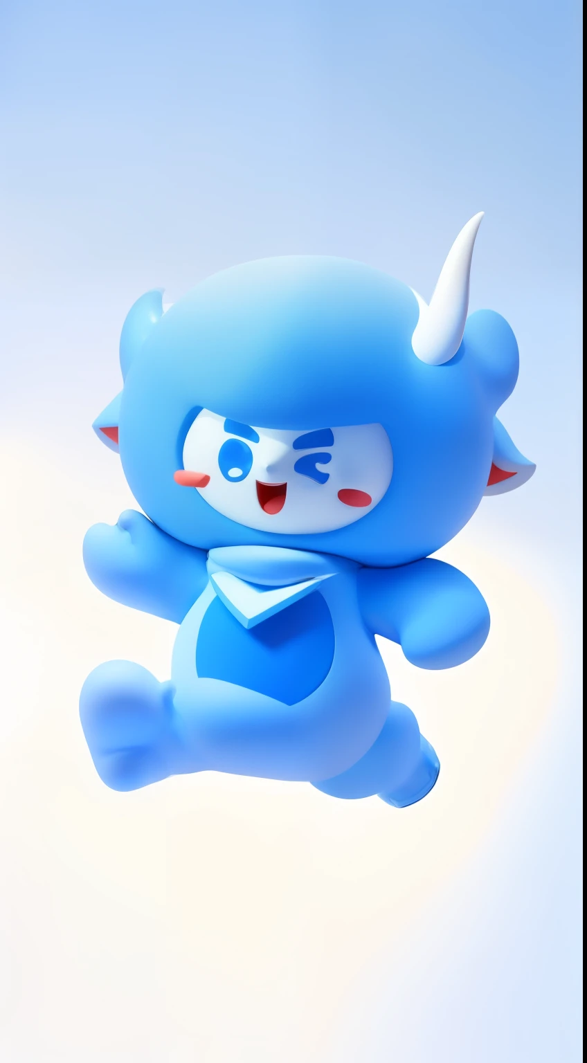 A cute blue cartoon mascot, blue and white color scheme, white face, two horns on the head, wearing a triangular scarf, smiling with open mouth, jumping in the air, simple background, white background, character design surreal, full body, red face, small e...