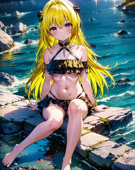 toloverumy, my, (Yellow Hair:1.5), Long Hair, (Red eyes:1.5), (hair ornaments:1.2), Both sides up, Black frilly bikini swimsuit,,barefoot,Sitting on a big rock,Rocky area,night,moonlight,meteor,whole bodyがイラストに入るように,
break outdoors, Beach,
break looking at...