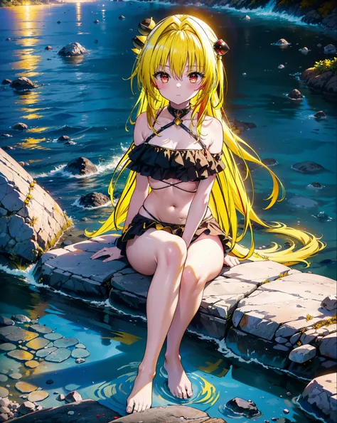 toloverumy, my, (Yellow Hair:1.5), Long Hair, (Red eyes:1.5), (hair ornaments:1.2), Both sides up, Black frilly bikini swimsuit,,barefoot,Sitting on a big rock,Rocky area,night,moonlight,meteor,whole bodyがイラストに入るように,
break outdoors, Beach,
break looking at...