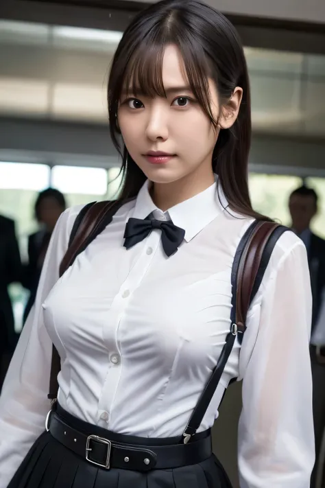 a woman in a suit, belt, hands behind back, sweating, suspenders, black skirt,　
garter belt, large breasts, see-through clothing, rain, detective, office worker, white button-up shirt, (best quality,4K,8k,highres,masterpiece:1.2),ultra-detailed,(realistic,...