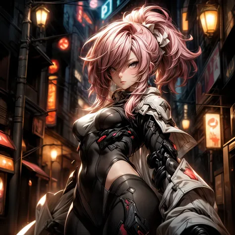 (best quality)), ((Masterpiece)), (details:1.4), 3d, HDR (high dynamic range), an image of a beautiful cyberpunk female, Hips up, Sleek style, Pink hair, High ponytail, beautiful white eyes, จมูกโด่ง, ปากแดง, หน้าอกใหญ่, nvidia RTX, PBR surface, After proc...