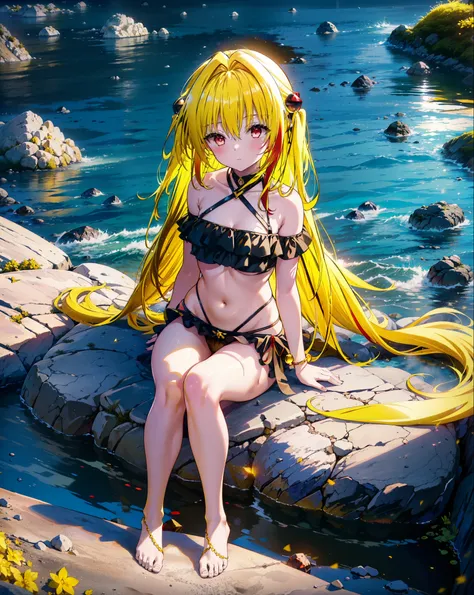 toloverumy, my, (Yellow Hair:1.5), Long Hair, (Red eyes:1.5), (hair ornaments:1.2), Both sides up, Black frilly bikini swimsuit,,barefoot,Sitting on a big rock,Rocky area,night,moonlight,meteor,whole bodyがイラストに入るように,
break outdoors, Beach,
break looking at...