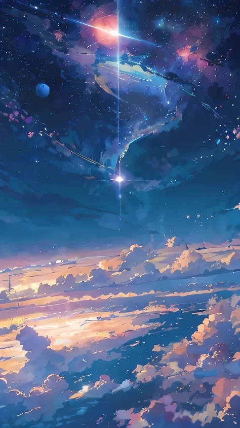 anime - style scene of a beautiful sky with a star and a planet, cosmic skies. By Makoto Shinkai, anime art wallpaper 4k, anime art wallpaper 4k, anime art wallpaper 8k, 4k anime wallpaper, 4k anime wallpaper, 4k anime wallpaper, animated sky, amazing wall...