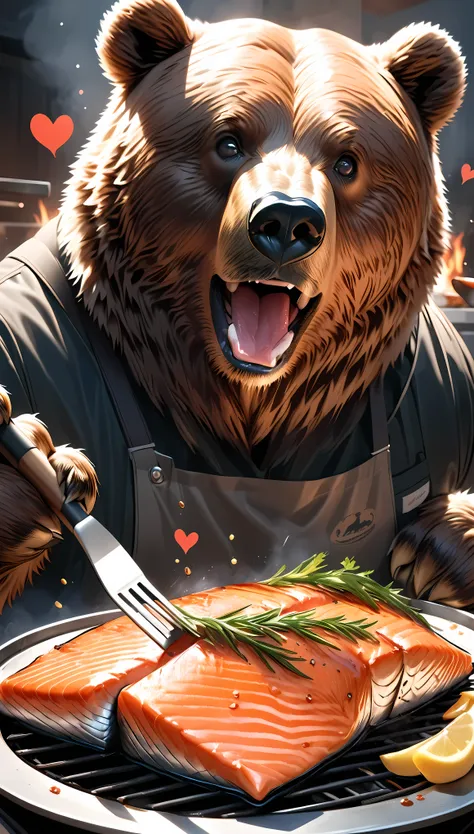 ultra-realistic, brown bear, brown bear grilling salmon, holding a spatula in its front paws, it looks very delicious cooked., (...