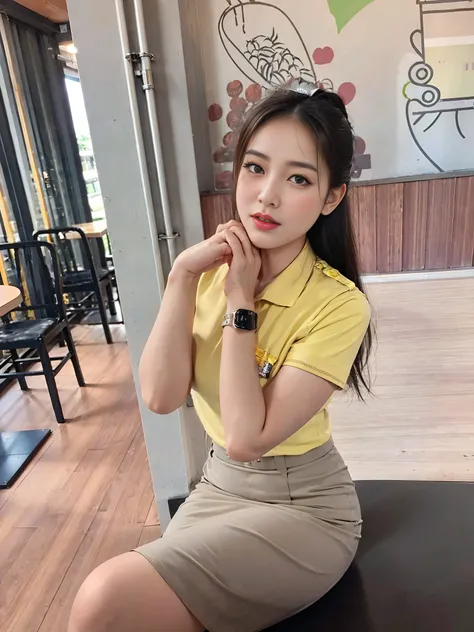 Khaki suit, khaki civil servant, Thai teacher uniform:1.3, Beautiful girl with extra long hair, Two meter long hair, Long hair that catches the eye, long black hair, Her hair is very long., Long, shiny hair, Long, thick, soft hair, Extra long hair, Dynamic...