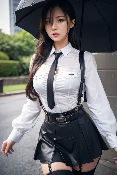 belt, hands behind back, sweating, suspenders, black skirt, garter belt, large breasts, see-through clothing, rain, detective, office worker, white button-up shirt, (best quality,4K,8k,highres,masterpiece:1.2),ultra-detailed,(realistic,photorealistic,pho...