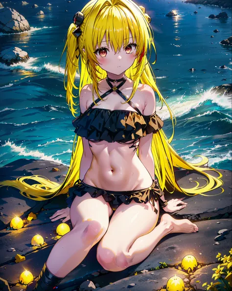 toloverumy, my, (Yellow Hair:1.5), Long Hair, (Red eyes:1.5), (hair ornaments:1.2), Both sides up, Black frilly bikini swimsuit,,barefoot,Sitting on a big rock,Rocky area,night,moonlight,meteor,whole bodyがイラストに入るように,
break outdoors, Beach,
break looking at...