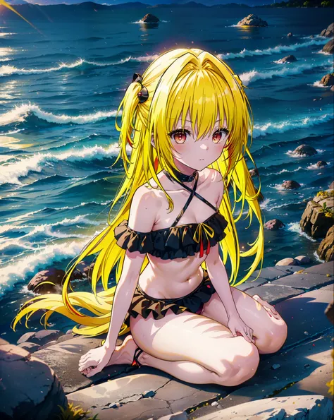 toloverumy, my, (yellow hair:1.5), long hair, (red eyes:1.5), (hair ornaments:1.2), both sides up, black frilly bikini swimsuit,...