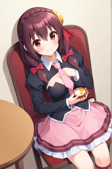 alone, one person, yunyun, (eating a delicious breakfast)、 (blush:1.2)、crown braids of the same color as your hair, red eyes、hai...