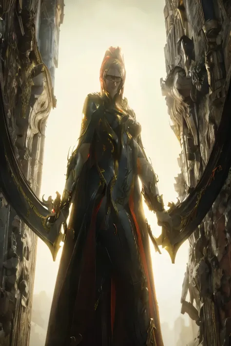 a detailed portrait of Bayonetta from Bayonetta 3 in Nordic-style armor with a red cape, holding black-bladed swords, (best quality,4k,8k,highres,masterpiece:1.2),ultra-detailed,(realistic,photorealistic,photo-realistic:1.37),hyper-realistic, cinematic, hi...