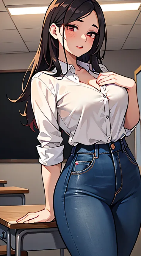 amazing portrait of a woman who is 30 years old and an adult and a sexy teacher in an empty classroom with a beautiful detailed ...