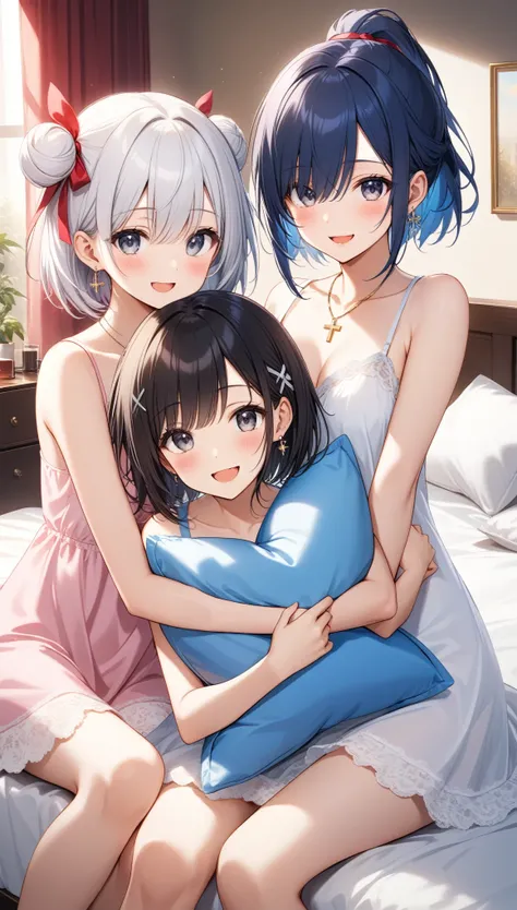 3girls, long hair, breasts, looking at viewer, blush, smile, bangs, bare shoulders, jewelry, medium breasts, sitting, closed mouth, collarbone, white hair, earrings, indoors, hair over one eye, pillow, grey eyes, bare arms, on bed, lingerie, lace trim, obj...