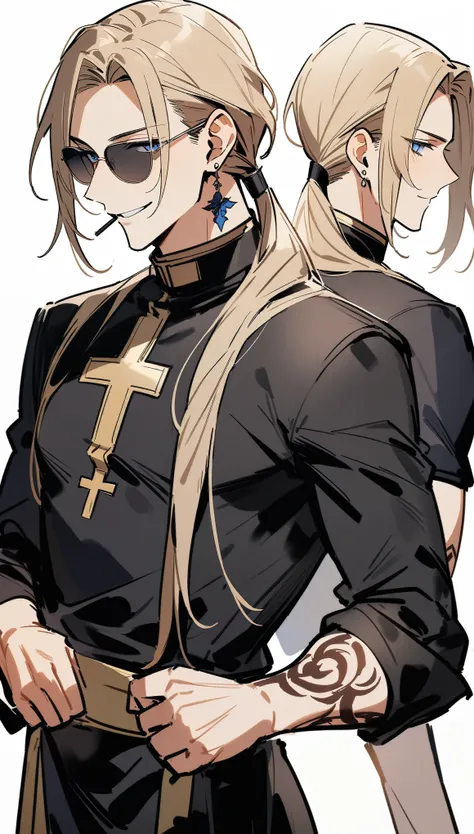 {{masterpiece}}, The best quality of life,((White background)) 、alone, One handsome man, Long hair in a low ponytail、All back bangs、Blonde、Blue eyes、Black sunglasses、Fr.、Cassock、Roll up your sleeves、Smoking、smile、Cowboy Shot、Earrings、Tattoo on arm、Watching...