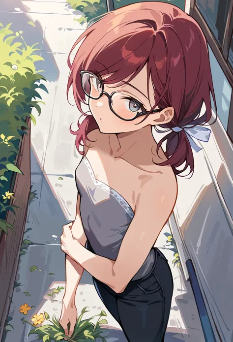 Masterpiece, highres, high Quality, detailed face, from above, over-the-shoulder shot, street, awning, shade, flowers, holding one arm, triceps, head tilt, Gray eyes, dark red hair, swept bangs, low twin tails, glasses, white ribbons, gray strapless shirt ...