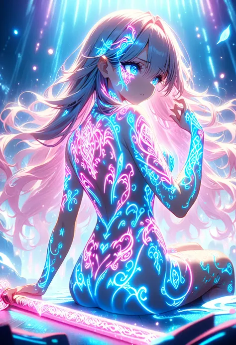 Anime Screenshots、 Artistic anime illustration of a woman adorned with glowing neon magic tattoos all over her body and face。 The tattoos on his arms and legs are a mix of pink, blue and white runes.、It emits a neon light。 She has long, flowing hair.、、 Thi...