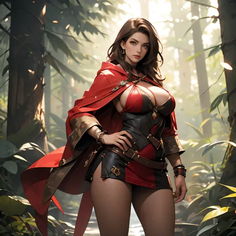 1 woman, Pretty Caucasian (female), Sarah Shahi, a slim but muscular body, huge breasts, dark brown messy hair, blue eyes, Red Riding Hood costume, micro miniskirt, big breasts, frontal, full-length, looking at the camera, facing the audience, standing pos...