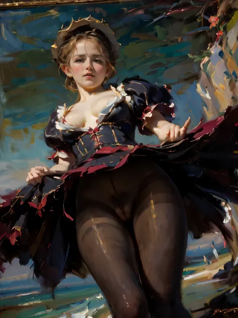 drooping eyes, sleepy face, (the secret behind the rock, feminine clothes, takeoff bottom), open legs, masturbation with stuff, (((dark pantyhose))), (showing off her pubic hair), closeup crotch, near the beach, sea, (((old oil painting, impressionism, ecc...