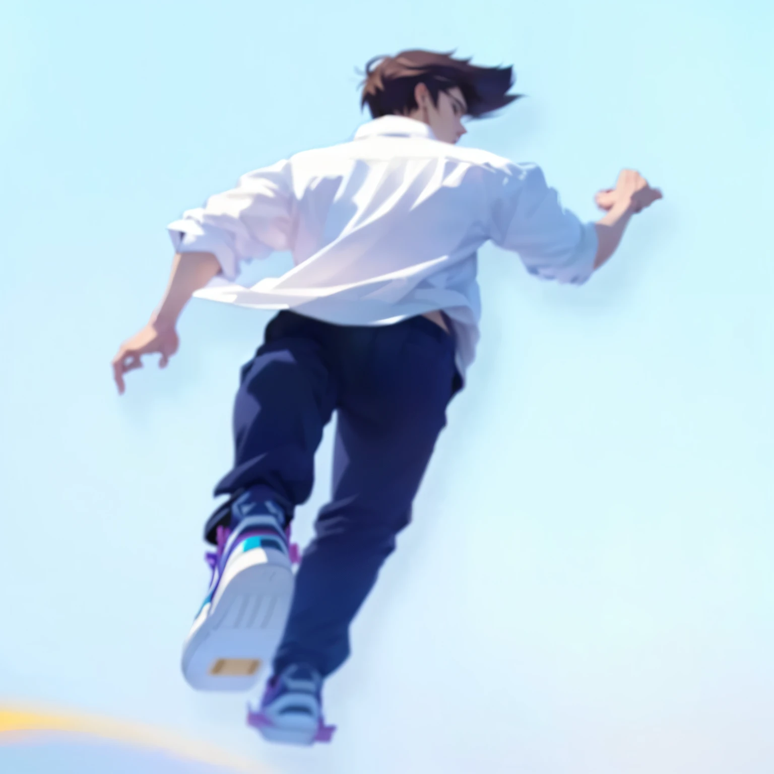 There is a man jumping in the air with a skateboard, Single Boy concept art, Produced in collaboration with Anime Painter Studio, Jumping pose, style of Shinkai Makoto, Shinkai Makoto. number渲染, Jump towards the viewer, Shinkai Makoto style, Shinkai Makoto...