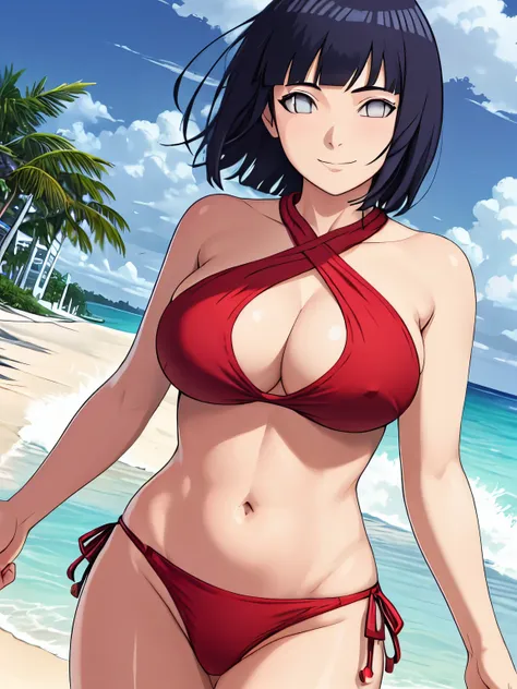 (hinata(boruto), (high quality:1.8), upper body:1.5, (curvy body:1.5), (ultra detailed body:1.4), (beach:1.7), (anime, tall woman, cowboy shot, (defined biceps arms:1.2), (water:1.2), ((red thong, bare arms, bare arms, bare shoulders)), (red halter top:1.4...