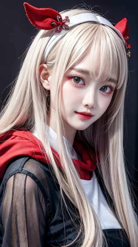 Long white hair - Red eyes - Black hair accessory - Hoodie - Elegant - Mysterious - Less revealing - Modest - Unique - Smiling - Attractive - Presence