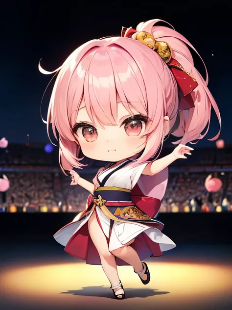 (((Dance Band)))、Pink-haired chibi character、A beautiful depiction using tens of thousands of colors、masterpiece、Ultra HD、super high quality、8k、(((ミキシングしながら踊ってるPink-haired chibi character)))、A delicate and cool sari-style outfit combined with a Japanese fe...