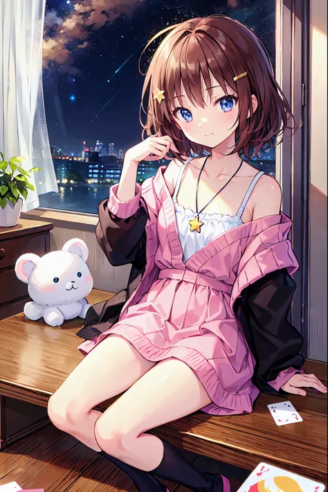 Brown Hair，Shortcuts，Messy Hair，Slender beauty，A dignified posture，Small chest，Beautiful feet，魅惑的なグレーブルーの目はstarのように輝いている，，Real Life Anime..s room.Sitting.Kotatsu..(Short black socks).Cross-legged Sitting.(star pattern curtains).smile.card game.mobile phone...