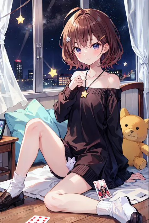 Brown Hair，Shortcuts，Messy Hair，Slender beauty，A dignified posture，Small chest，Beautiful feet，魅惑的なグレーブルーの目はstarのように輝いている，，Real Life Anime..s room.Sitting.Kotatsu..(Short black socks).Cross-legged Sitting.(star pattern curtains).smile.card game.mobile phone...