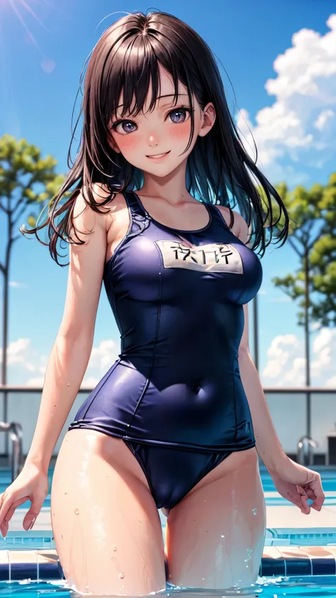 ((masterpiece,best quality,ultra detailed,high resolution)),(daytime,clear weather,bloom),cowboy shot,((solo,beautiful-girl)),looking viewer,(black hair,straight hair),(finely detailed skin,fair skin),slender,smile,(school swimsuit),(on the pool,beautiful ...