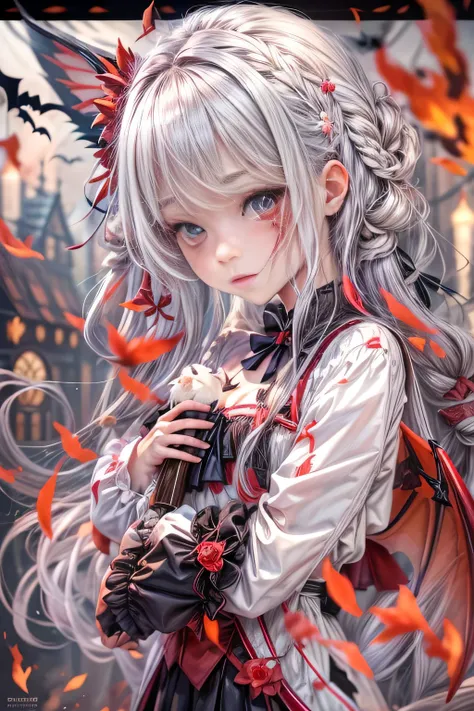 8k.Half Russian and half Japanese、Russian face、beautiful girl、princess、、Small face、Young face、Big eyes、Skinny、Small breasts、（（（Silver Hair、Silver Hair）））、With bangs、（（（High resolution big beautiful light blue eyes, ）））、Long Straight、（（（Red ribbon in hair、F...