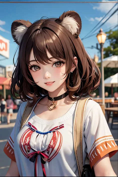 Top quality, highly detailed, UHD, idol, playing at an amusement park, cute and beautiful anthropomorphic koala girl with brown curly bob hair wearing a heart-shaped choker, casual clothes