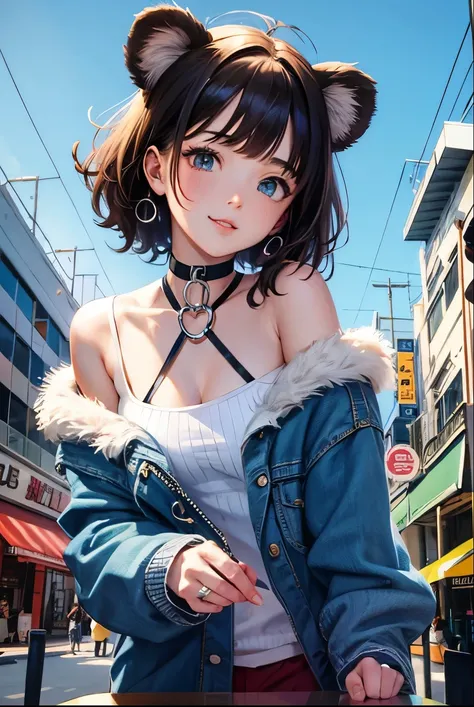 Top quality, highly detailed, UHD, idol, playing at an amusement park, cute and beautiful anthropomorphic koala girl with brown curly bob hair wearing a heart-shaped choker, casual clothes