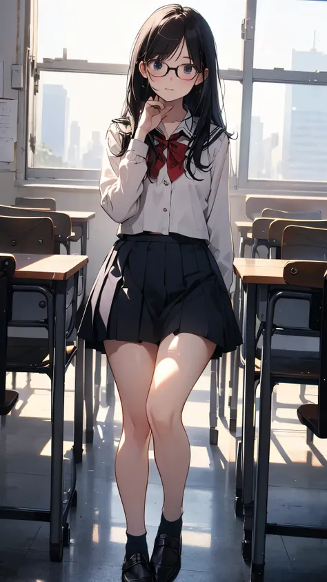 summer、empty classroom、thick、Sweat、high school girl、Low length、(((Long black hair:1.2　hair band)))(((Black-rimmed glasses:1.2　black eye)))、Backlight、evening、Nostalgic atmosphere、Look at this、High position、Full Body Shot、glamorous、Checked mini skirt、Navy kn...