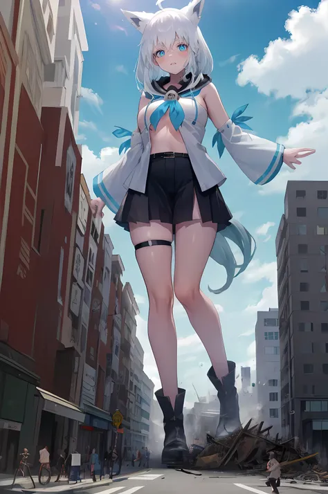 (((Full body description)))、Fisheye Lens、looking at the camera、Embarrassed、(Super huge breasts)、(Plump thighs)、(((Bigger than a skyscraper)))((((、Ruins of rubble))))、Lots of big explosions、fire、cigarette、City streets、Traffic jam、street tree、Pedestrian brid...